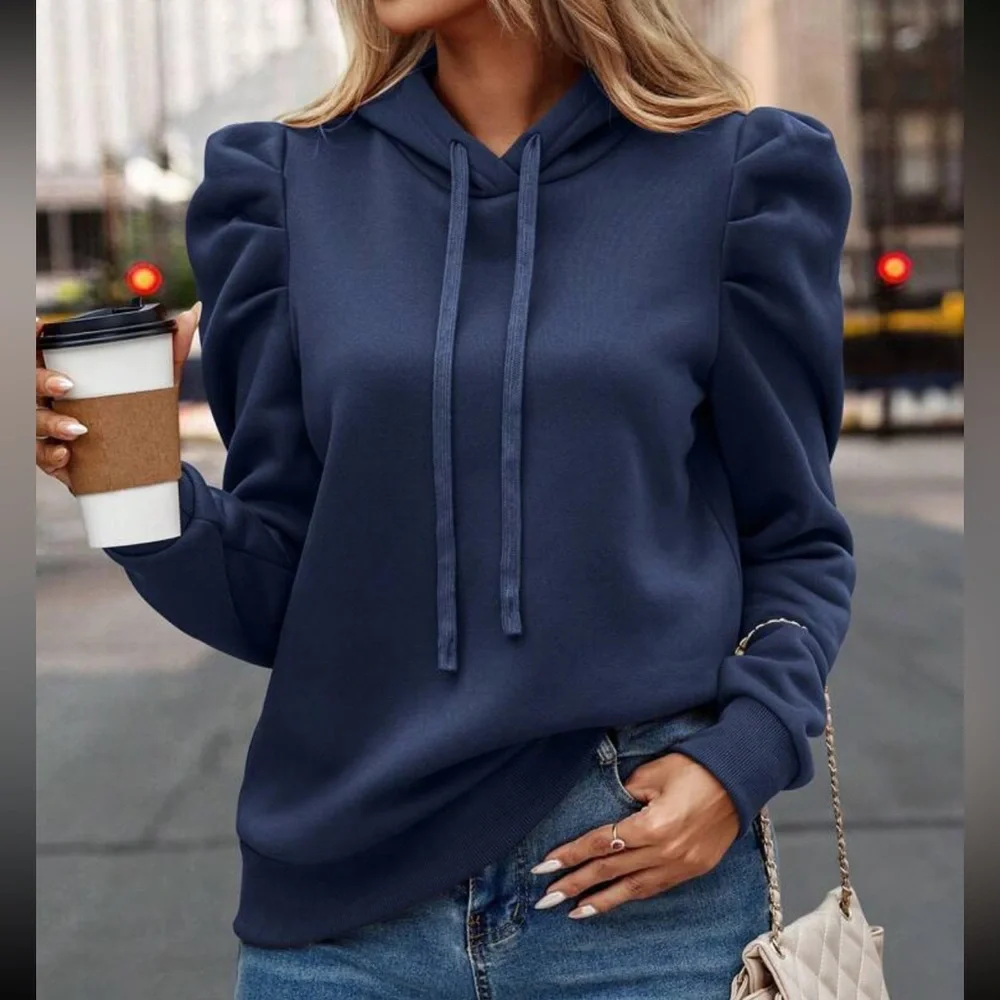 Cozy gigot sleeve drawstring hoodie apricot - Picture 5 of 16